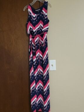 Three Hearts Navy Floral Chevron Maxi Dress with Pink Accents